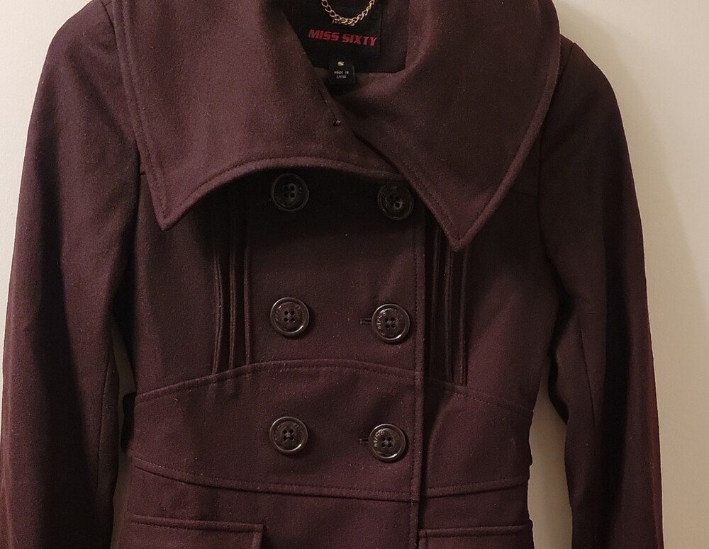 Miss Sixty Double-Breasted Dark Plum Peacoat